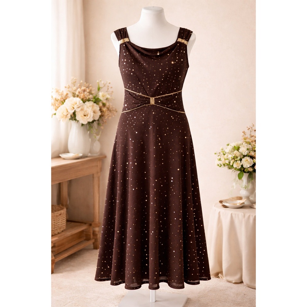 NWOT EN Focus Brown Midi Dress Size 6 Gold Polka‎ Dot Sleeveless Evening